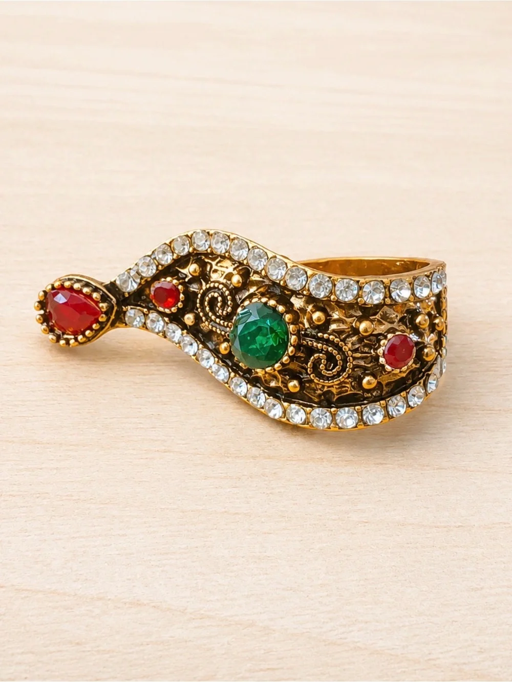 Gold-tone Women's Statement Ring with Green and Red Gemstones